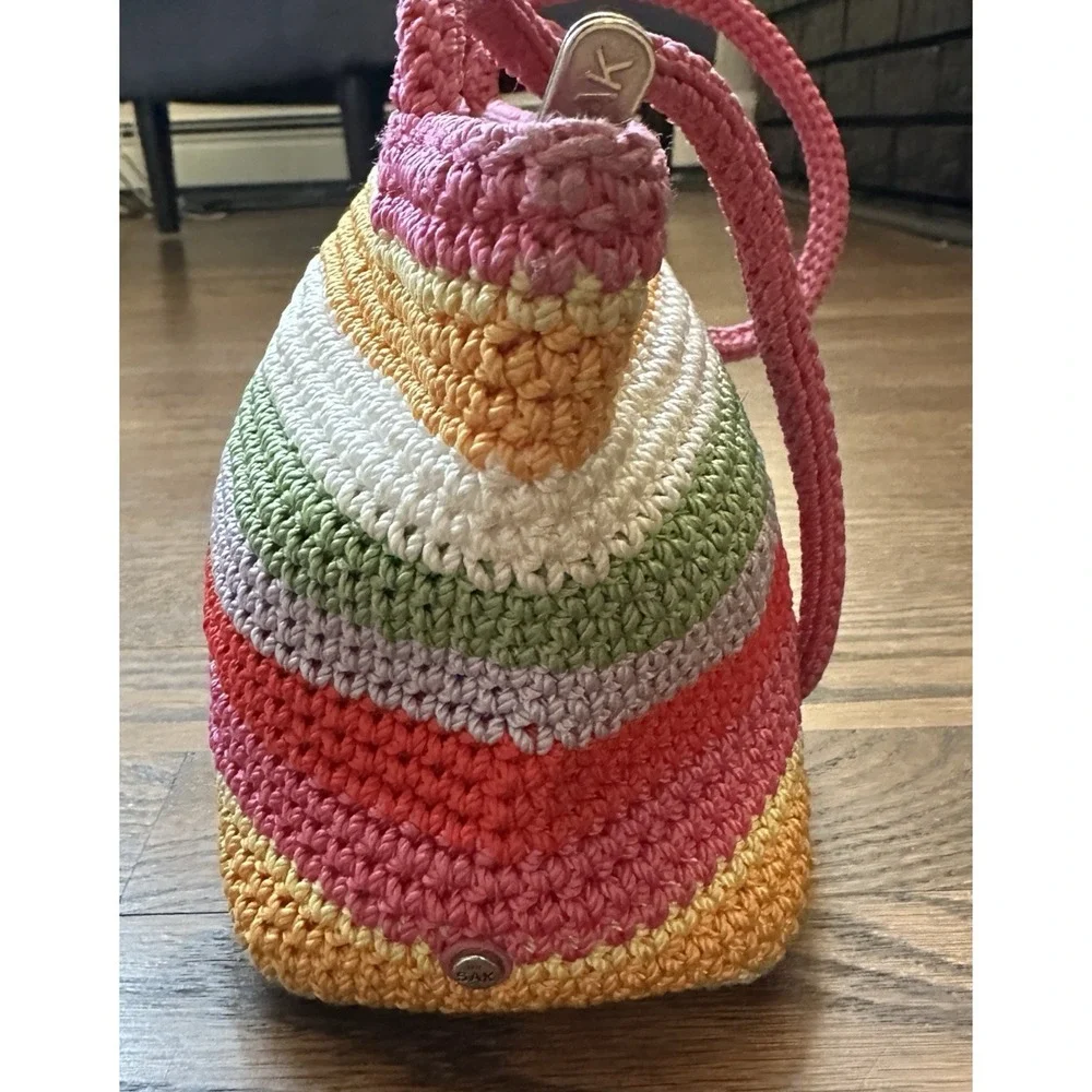 The Sak Indio Rainbow Stripe Crochet Purse Small Boho Retro Pink Y2K Bag